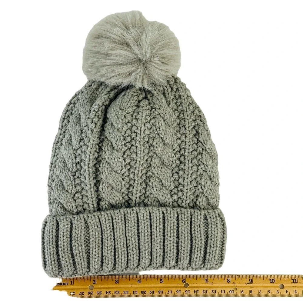 Cozycore Cable Knit Beanie Faux Fur Pom Pom Fleece Lined Winter Hat Unisex Gray‎